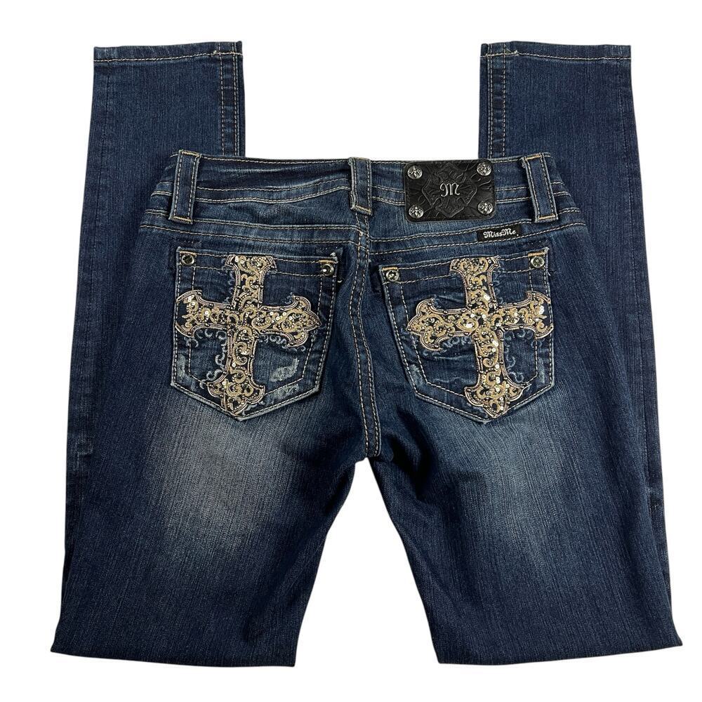 Miss Me Signature Rise Skinny Jeans Dark Wash Gold Cross Pocket JP592652 Size 28